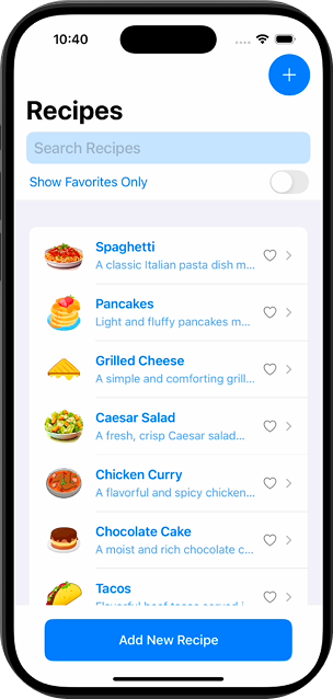 Recipe App main recipes screen