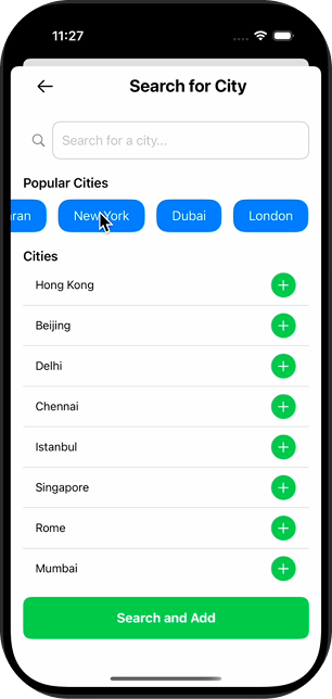 Weather App search city screen